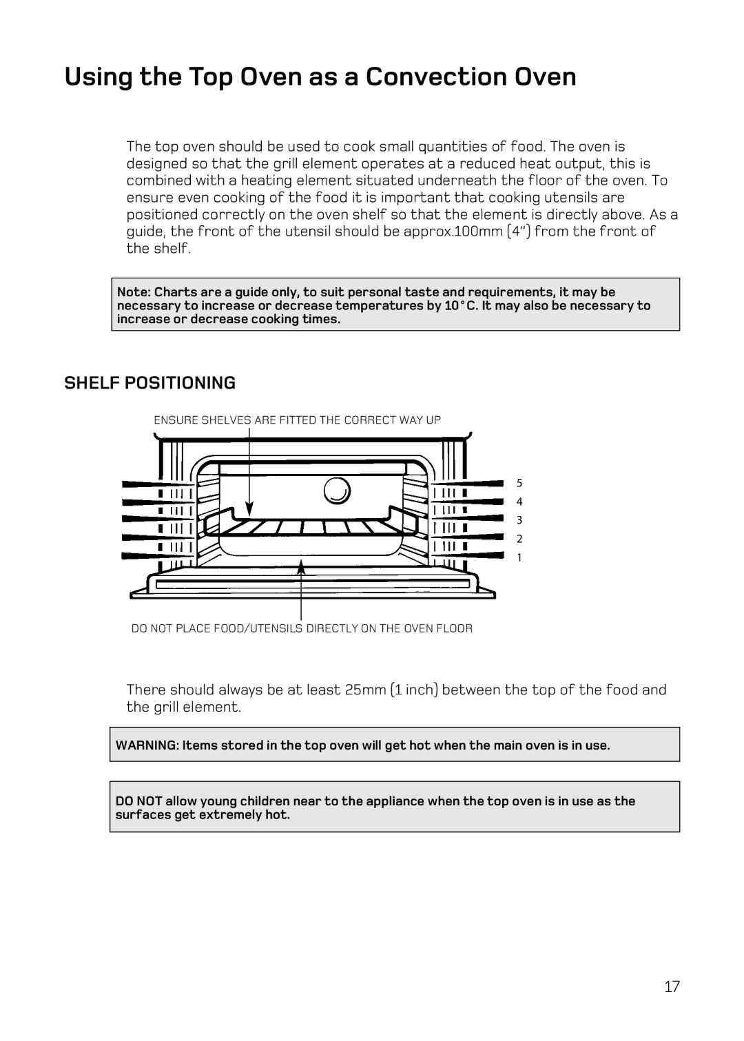 Hotpoint UY46 Mk2 manual Using the Top Oven as a Convection Oven, Shelf Positioning 