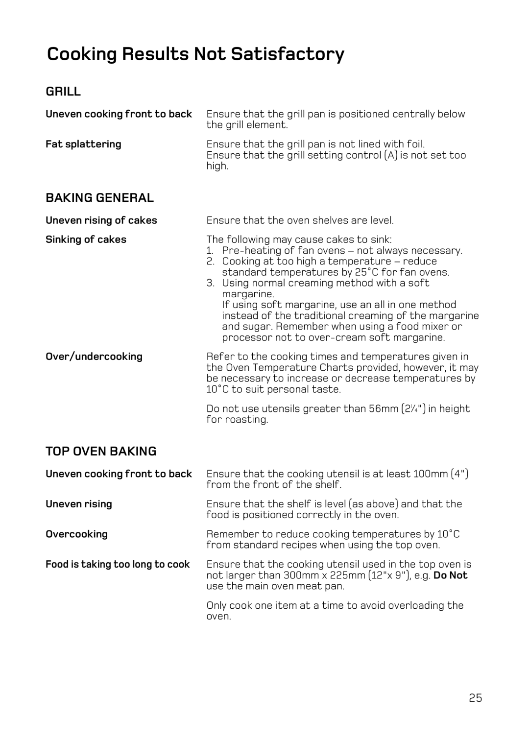 Hotpoint UY46 Mk2 manual Cooking Results Not Satisfactory, Grill, Baking General, TOP Oven Baking 