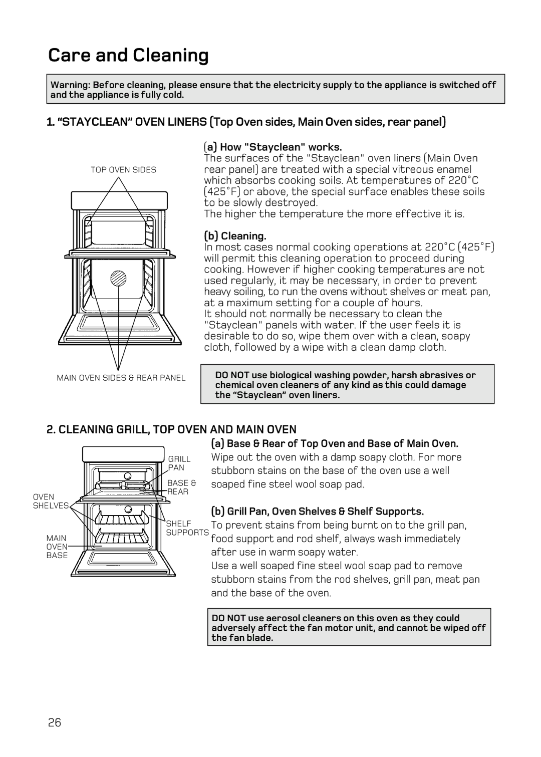 Hotpoint UY46 Mk2 manual Care and Cleaning, How Stayclean works, Grill Pan, Oven Shelves & Shelf Supports 