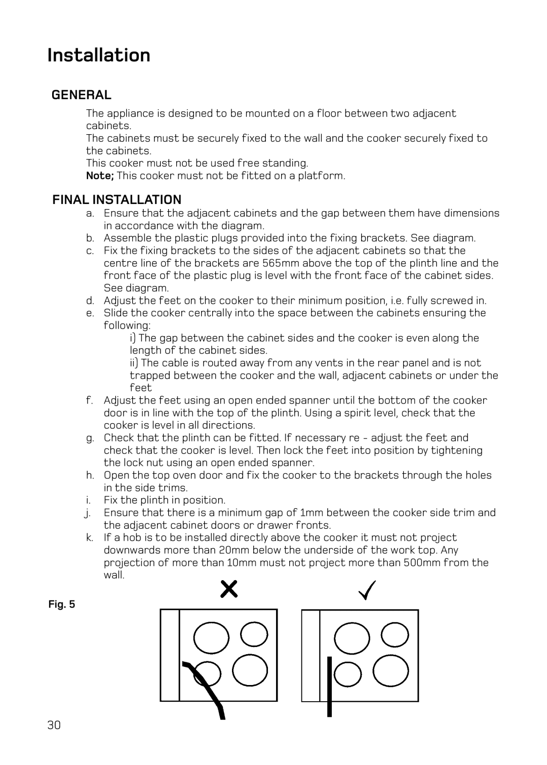 Hotpoint UY46 Mk2 manual General, Final Installation 