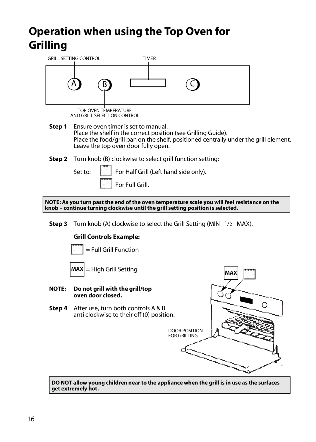 Hotpoint UY46 manual Operation when using the Top Oven for Grilling, Grill Controls Example 