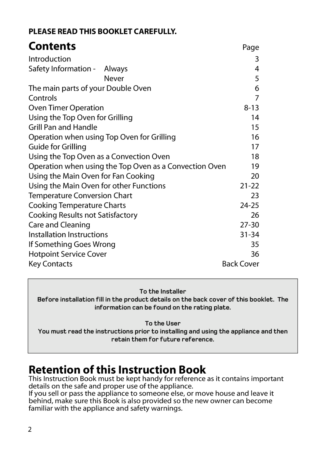 Hotpoint UY46 manual Contents, Retention of this Instruction Book 