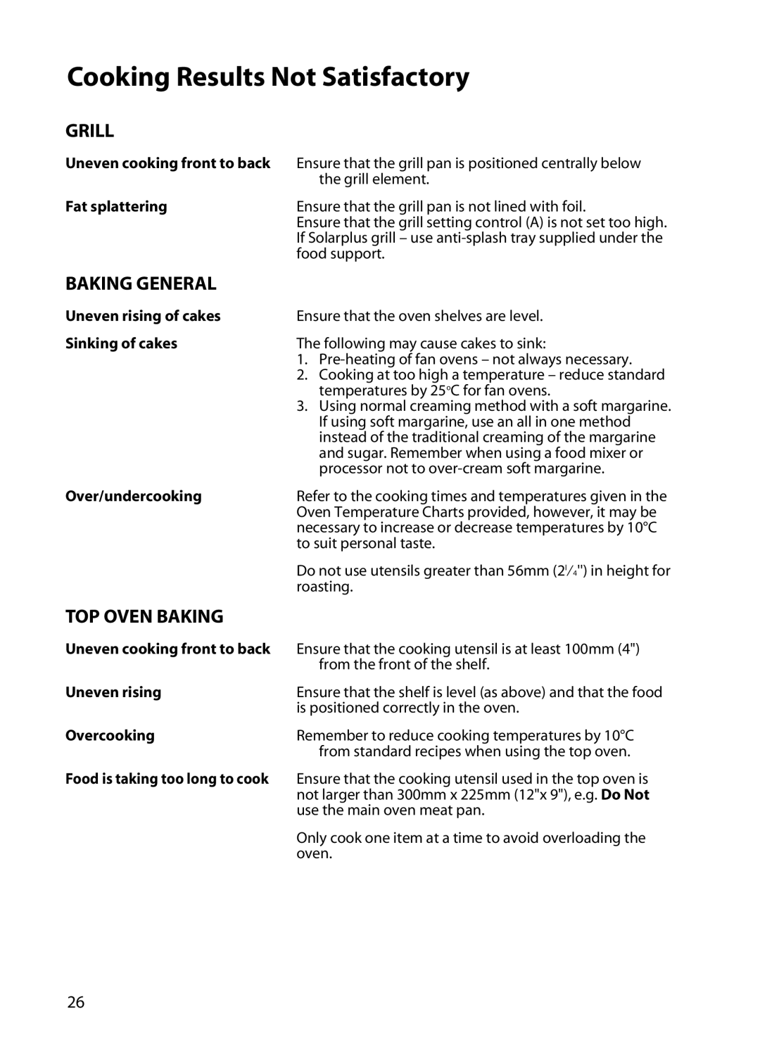 Hotpoint UY46 manual Cooking Results Not Satisfactory, Grill, Baking General, TOP Oven Baking 