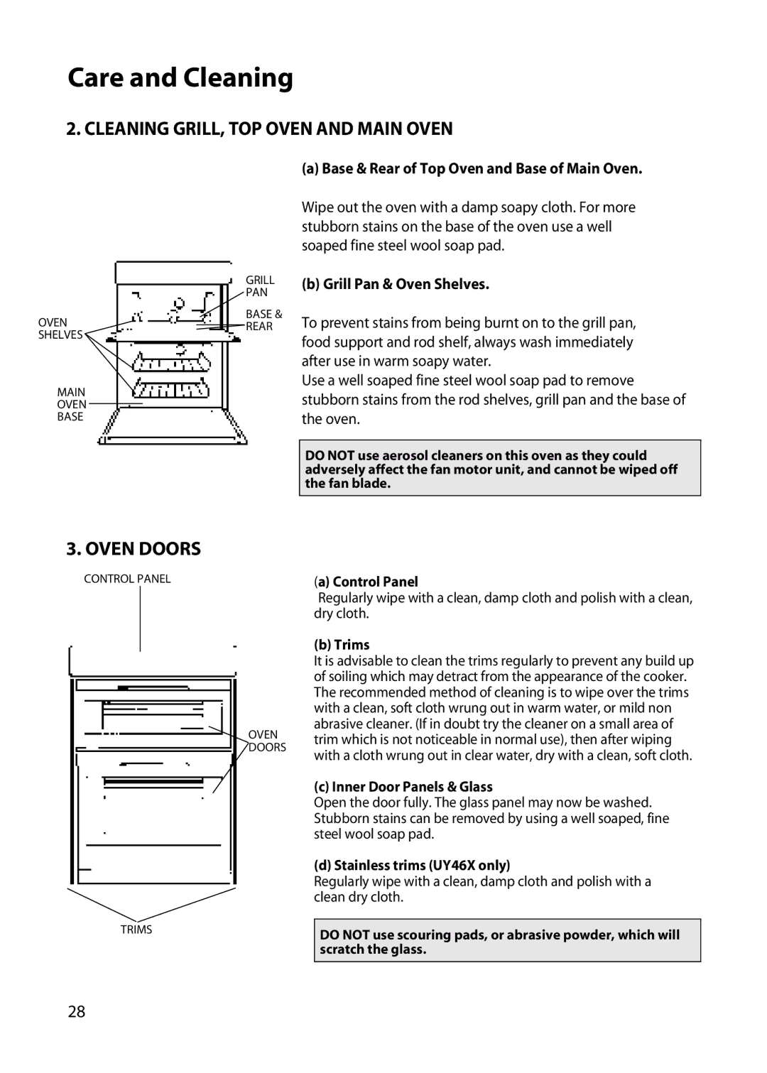 Hotpoint UY46 manual Cleaning GRILL, TOP Oven and Main Oven, Oven Doors, Base & Rear of Top Oven and Base of Main Oven 