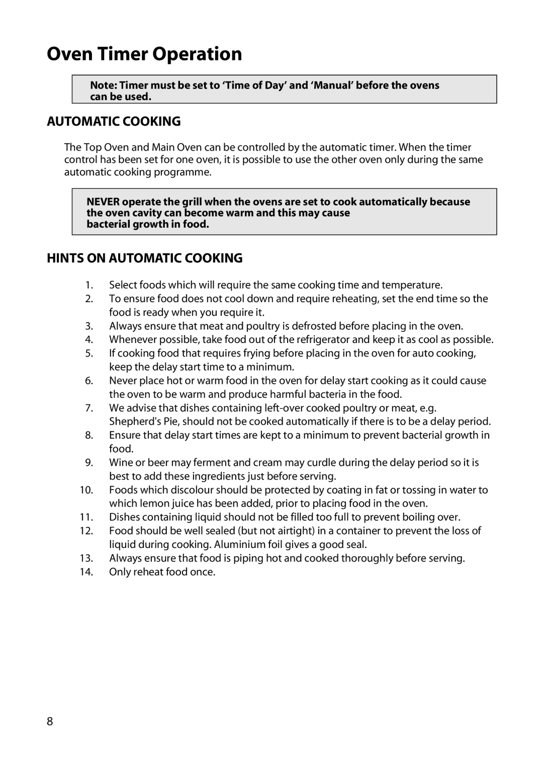 Hotpoint UY46 manual Oven Timer Operation, Hints on Automatic Cooking 