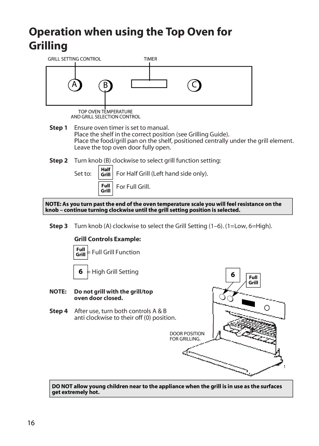 Hotpoint UY46 manual Operation when using the Top Oven for Grilling, Grill Controls Example, = High Grill Setting 