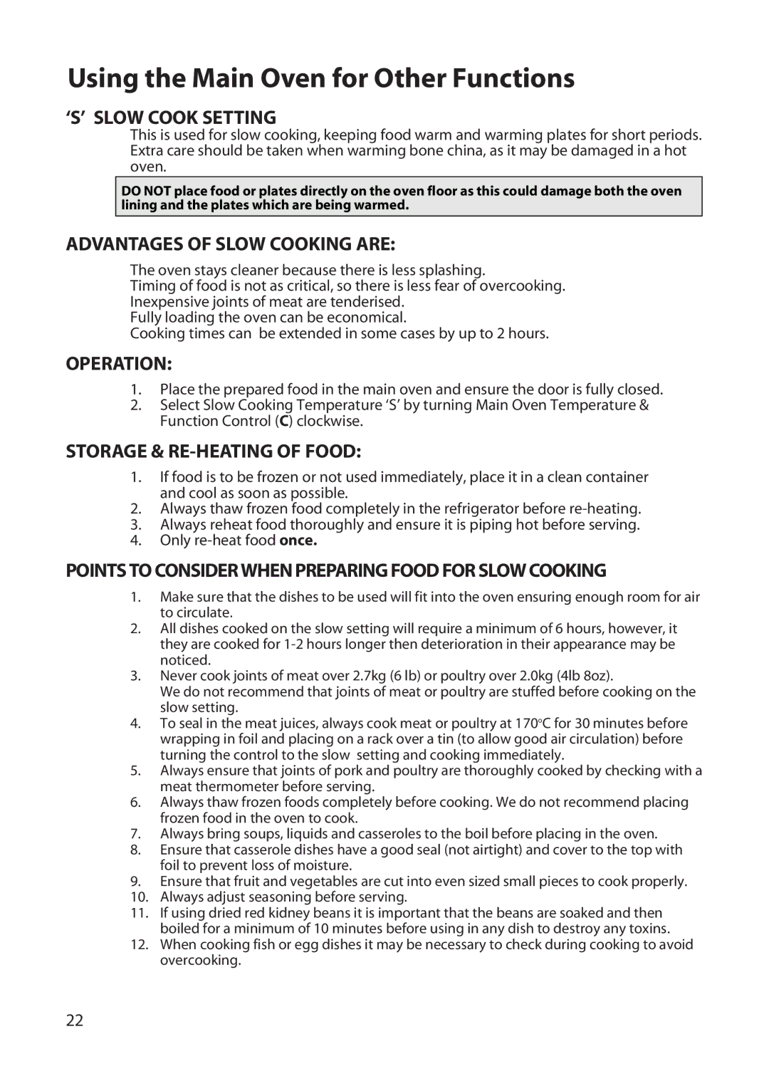 Hotpoint UY46 manual ‘S’ Slow Cook Setting, Advantages of Slow Cooking are, Operation, Storage & RE-HEATING of Food 