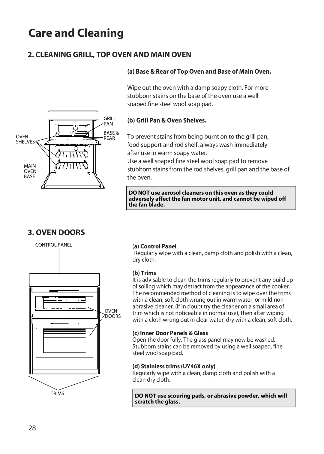 Hotpoint UY46 manual Cleaning GRILL, TOP Oven and Main Oven, Oven Doors, Base & Rear of Top Oven and Base of Main Oven 