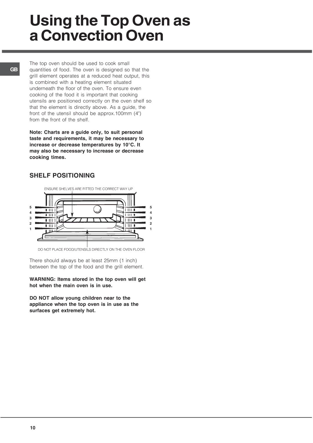 Hotpoint UY46X/2 UH53 manual Using the Top Oven as a Convection Oven, Shelf Positioning 