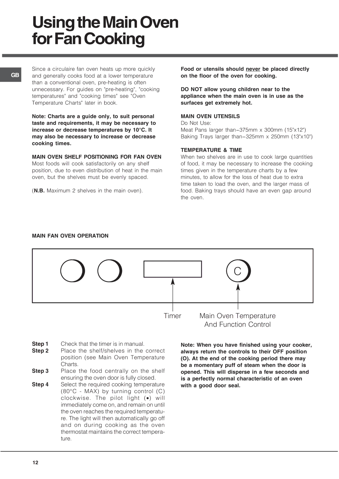 Hotpoint UY46X/2 UH53 UsingtheMainOven forFanCooking, Timer Main Oven Temperature Function Control, Main Oven Utensils 