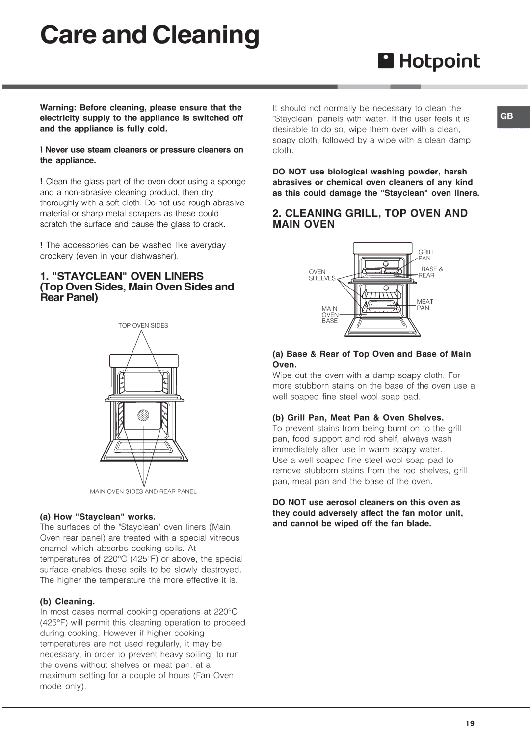 Hotpoint UY46X/2 UH53 manual Care and Cleaning, Stayclean Oven Liners, Top Oven Sides, Main Oven Sides Rear Panel 