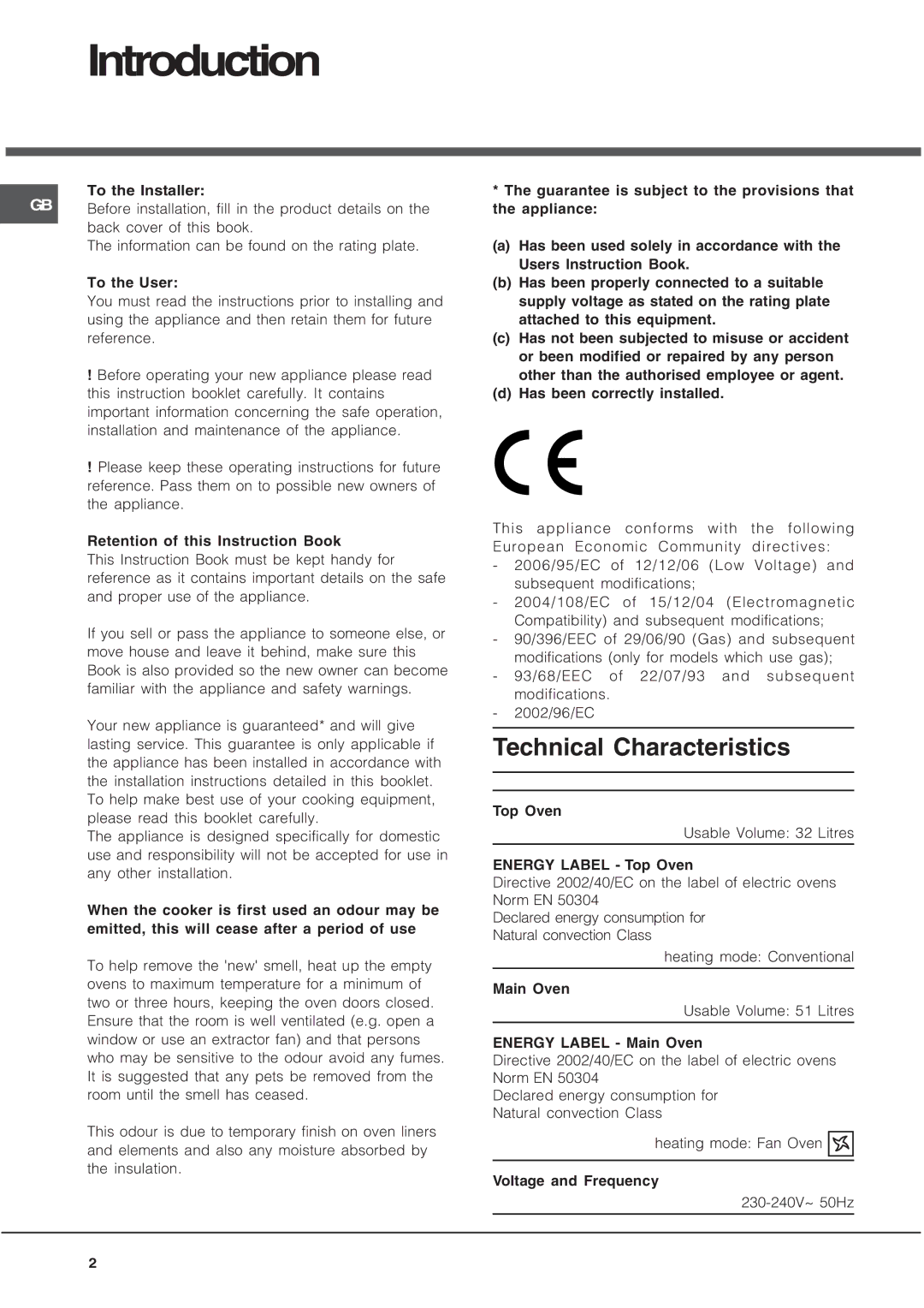 Hotpoint UY46X/2 UH53 manual Introduction, Technical Characteristics 