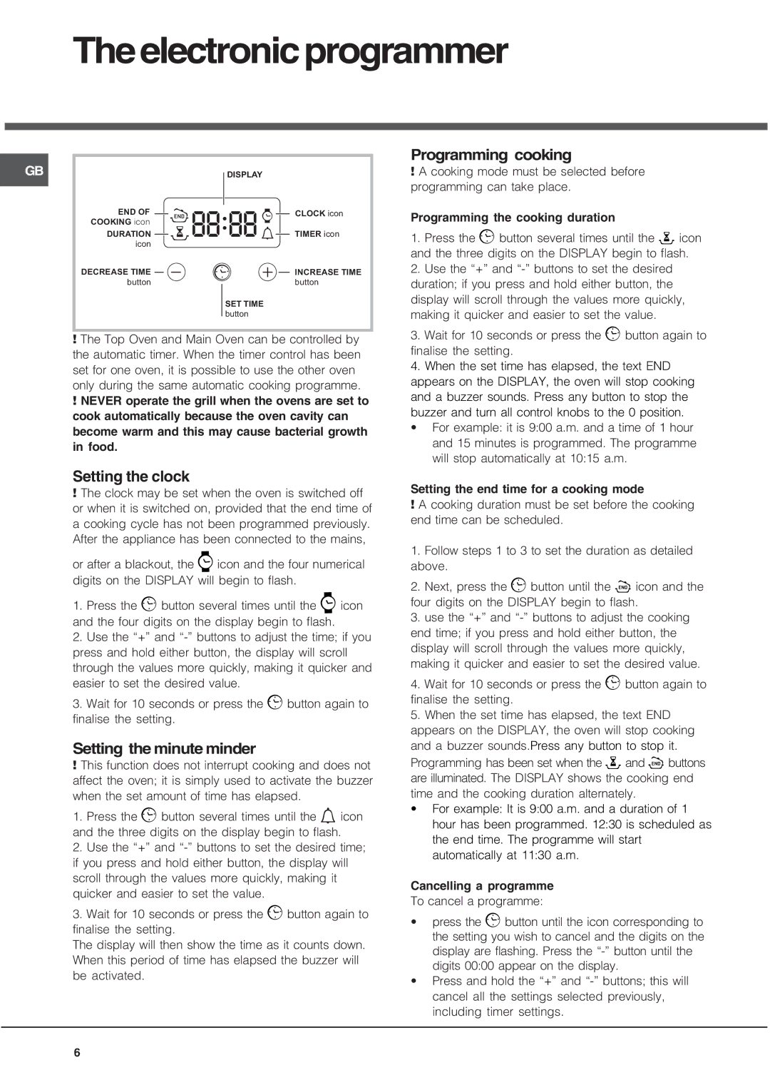 Hotpoint UY46X/2 UH53 manual Theelectronicprogrammer, Setting the clock, Setting the minute minder, Programming cooking 