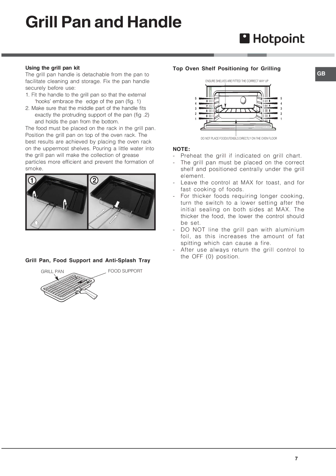 Hotpoint UY46X/2 UH53 manual Grill Pan and Handle, Top Oven Shelf Positioning for Grilling 