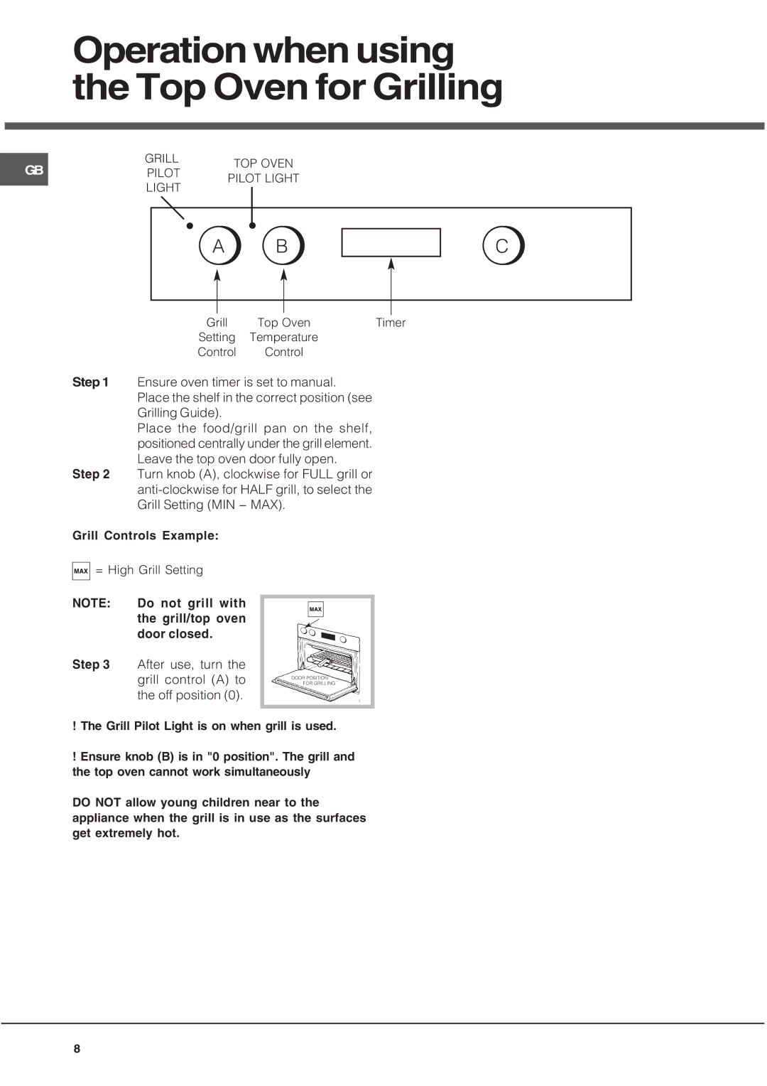 Hotpoint UY46X/2 UH53 manual Operation when using the Top Oven for Grilling 