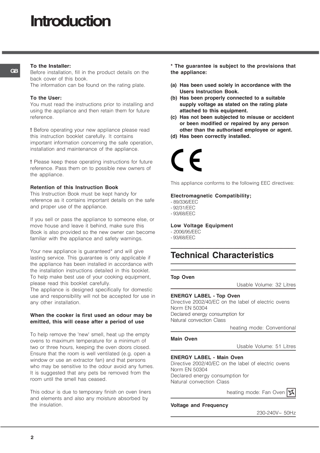 Hotpoint UY46X2 manual Introduction, Technical Characteristics 