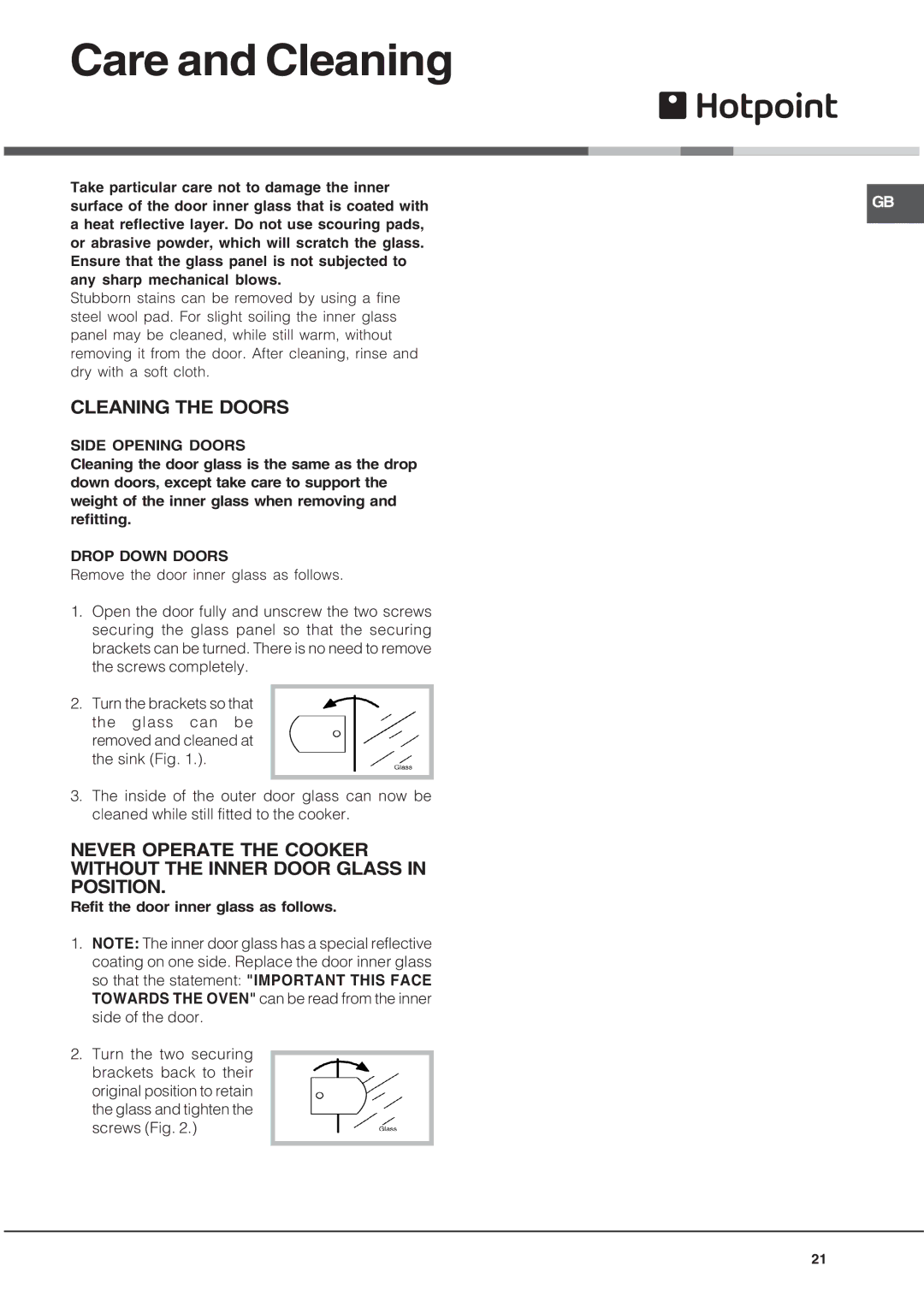 Hotpoint UY46X2 manual Cleaning the Doors, Side Opening Doors, Drop Down Doors 