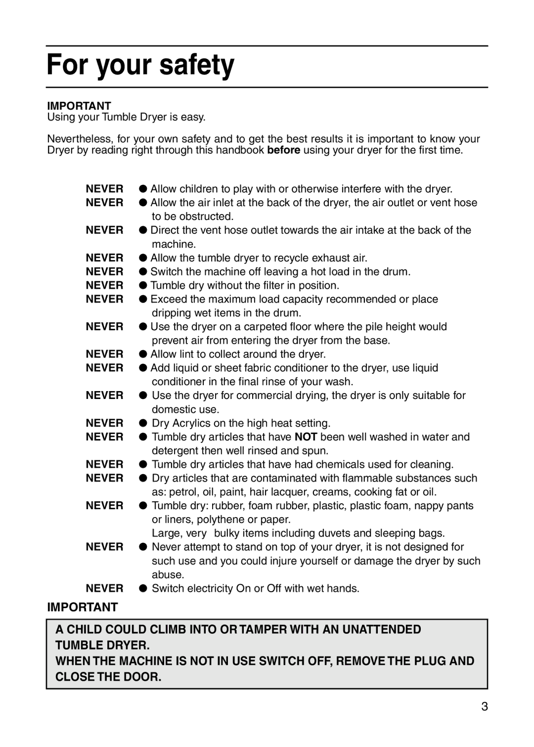 Hotpoint V3D00 manual For your safety 