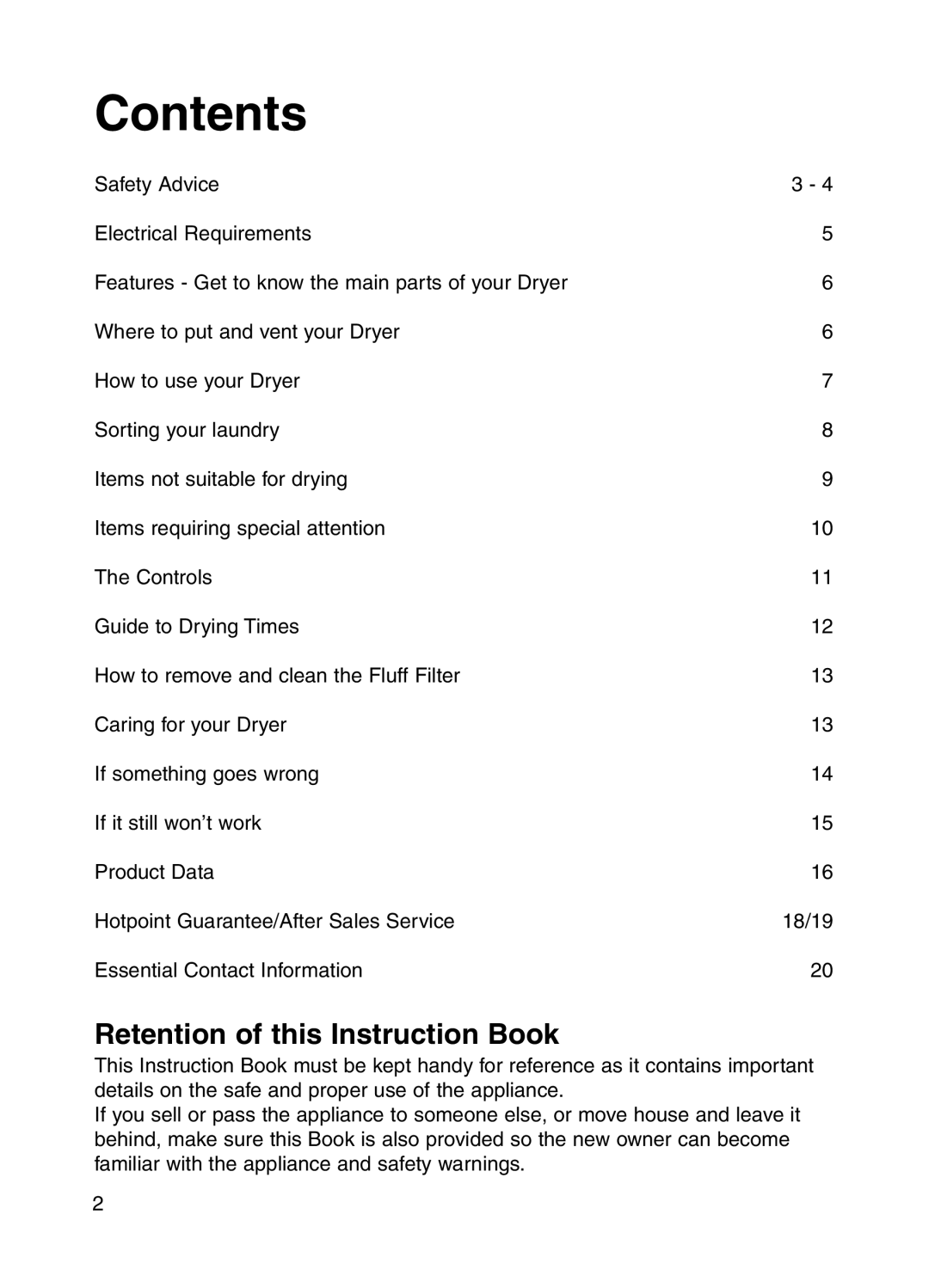 Hotpoint V3D01, 3kg Tumble Dryer manual Contents 