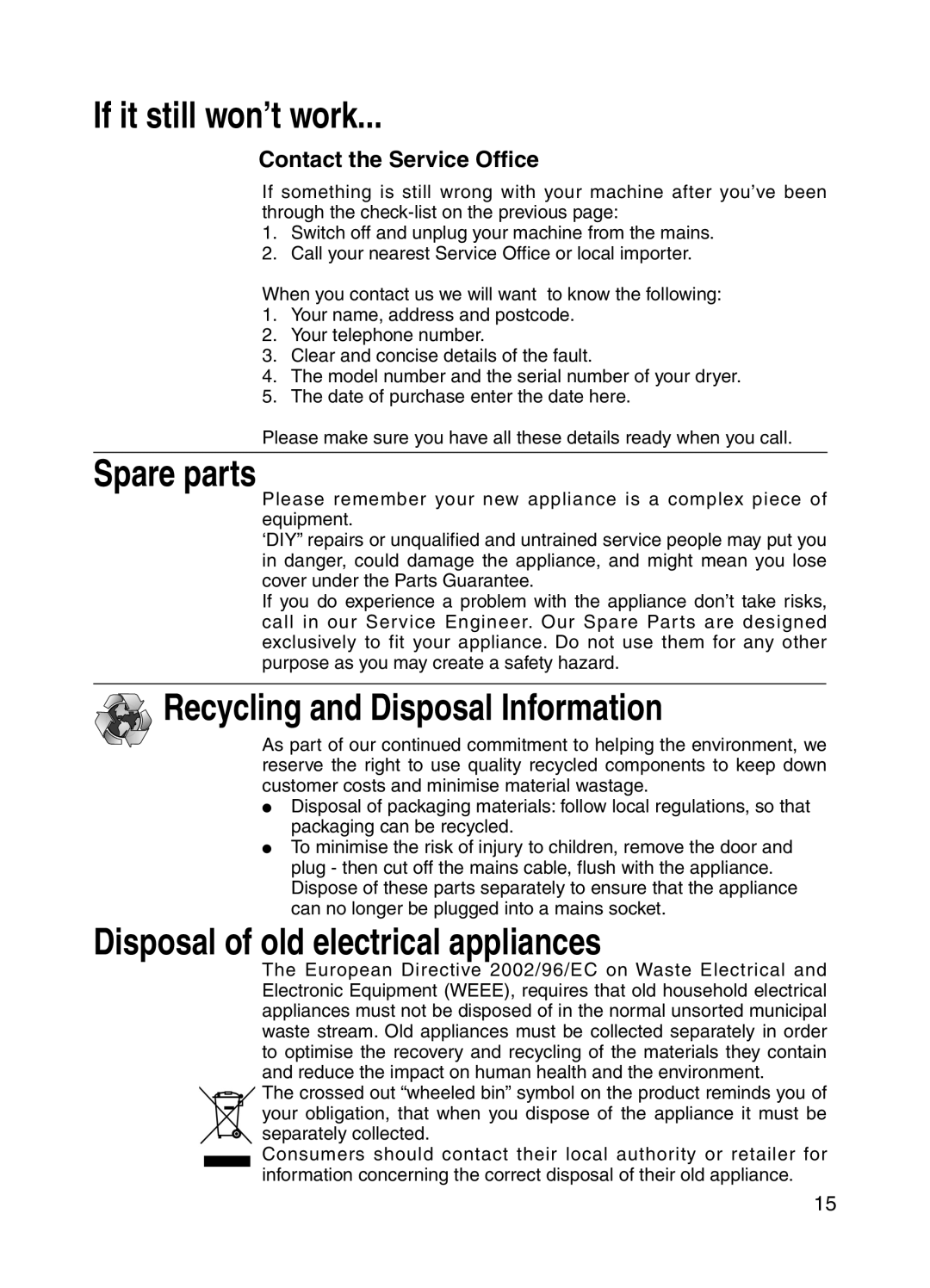 Hotpoint V3D01 manual If it still won’t work 