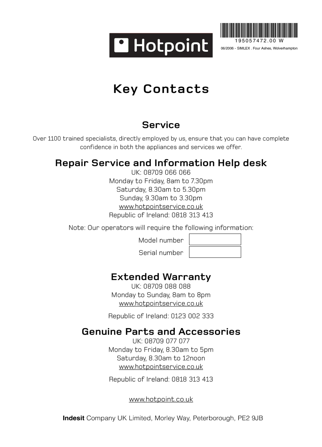 Hotpoint V3D01 manual Key Contacts 