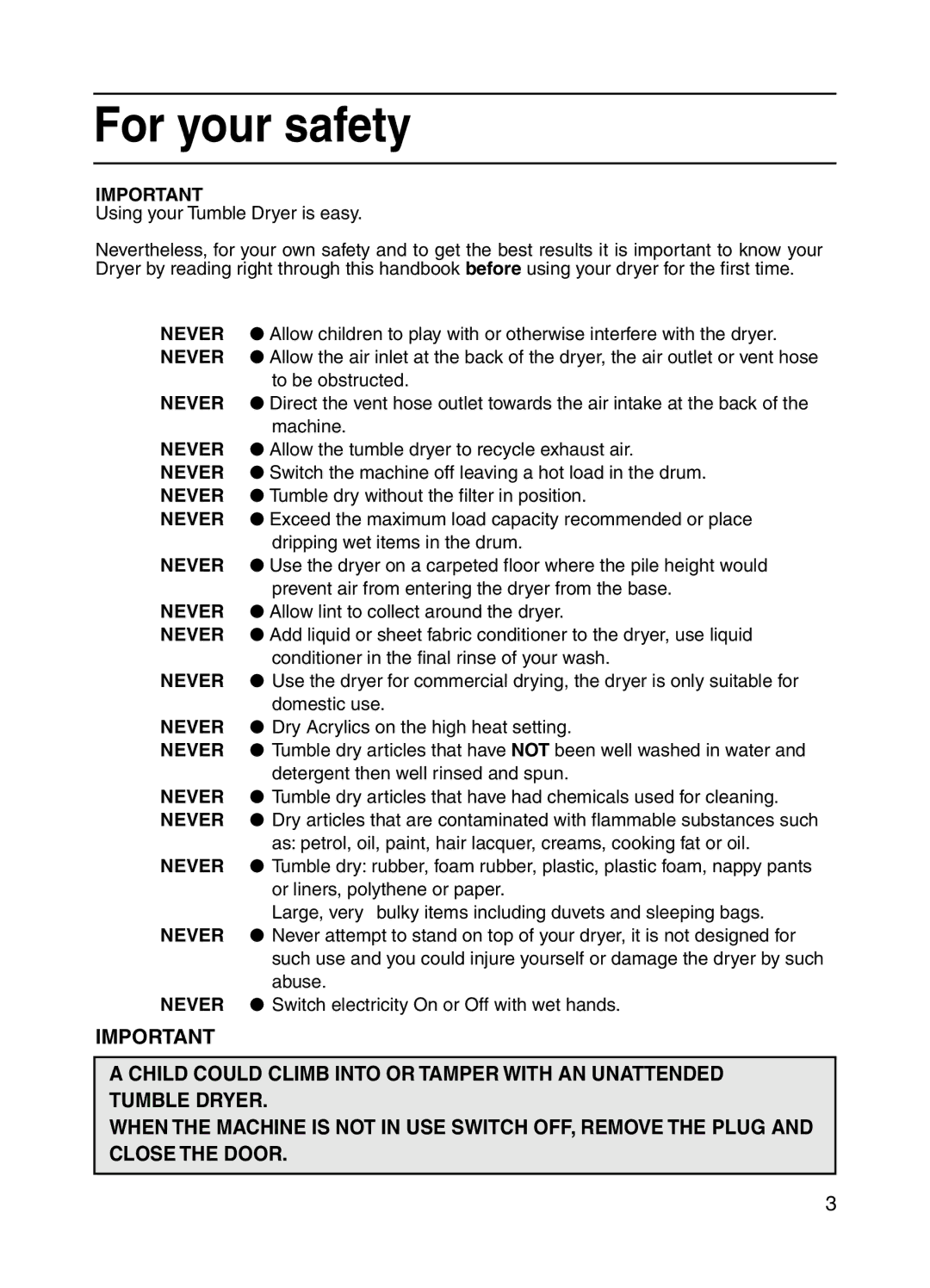 Hotpoint V3D01 manual For your safety 