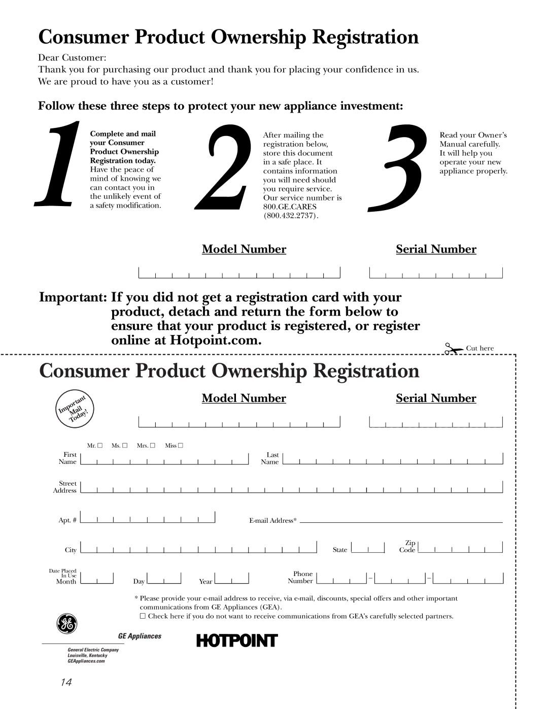 Hotpoint VVSR1070, VBXR1090, VBSR3100, VWSR4150, VLXR1020 owner manual Consumer Product Ownership Registration 