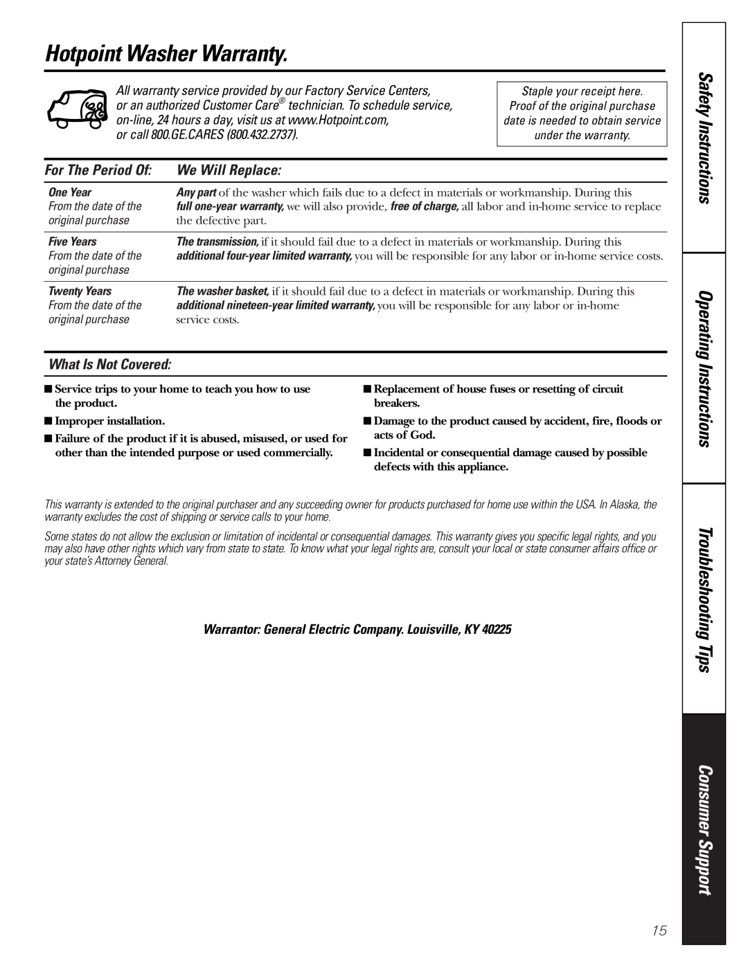 Hotpoint VBXR1090, VBSR3100, VWSR4150, VLXR1020, VVSR1070 owner manual Hotpoint Washer Warranty, For The Period We Will Replace 