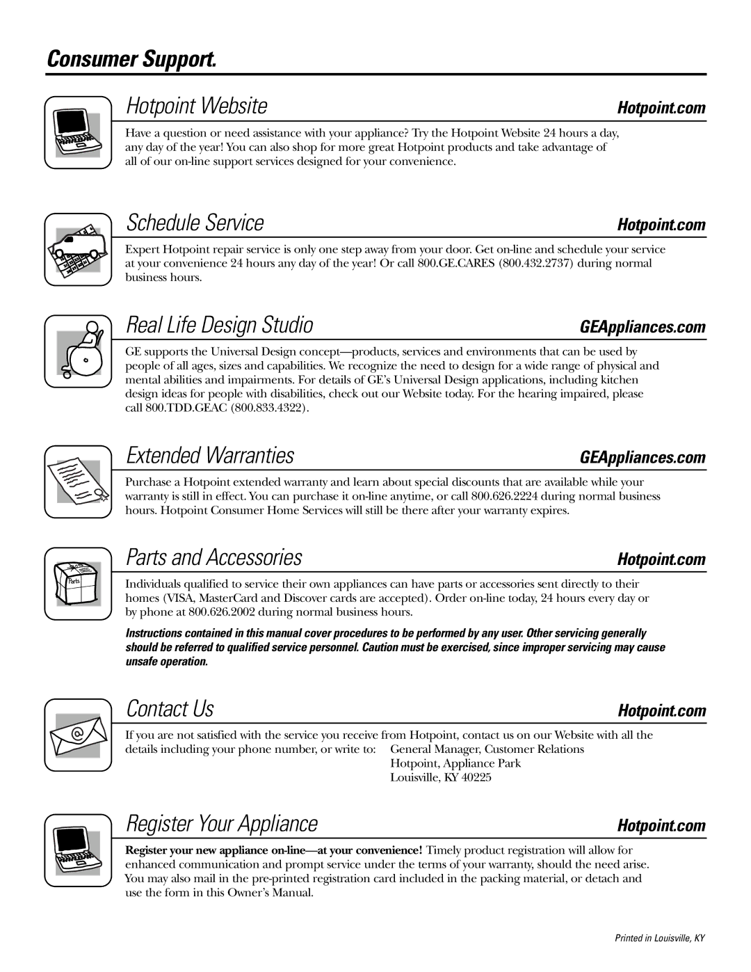 Hotpoint VBSR3100 Consumer Support Hotpoint Website, Schedule Service, Real Life Design Studio, Extended Warranties 