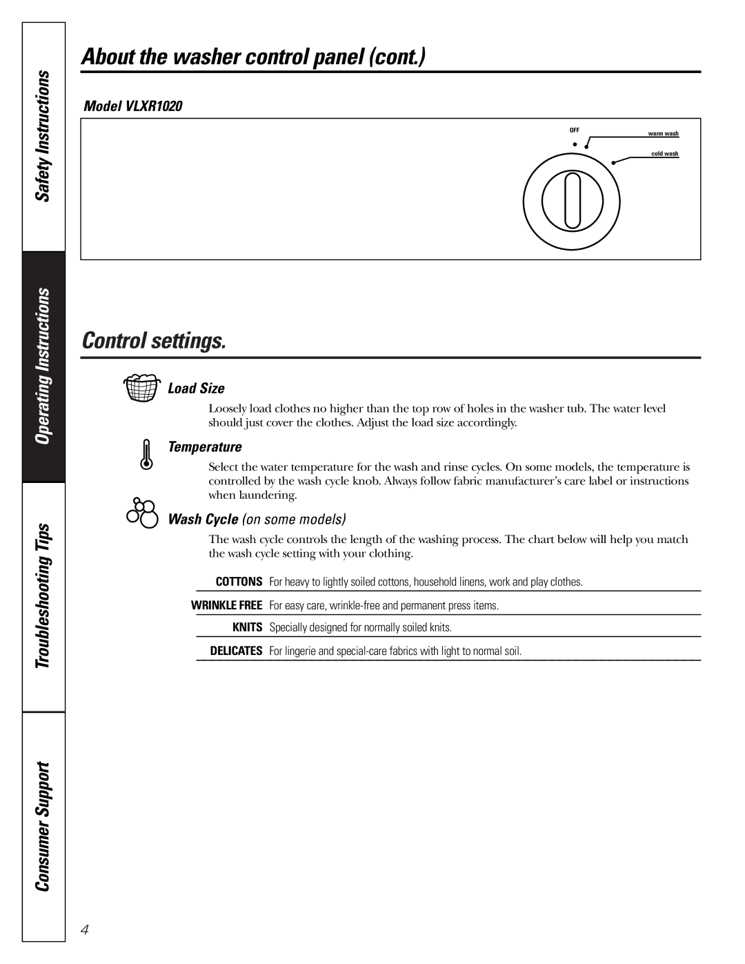 Hotpoint VVSR1070, VBXR1090, VBSR3100, VWSR4150 owner manual Control settings, Model VLXR1020, Load Size, Temperature 