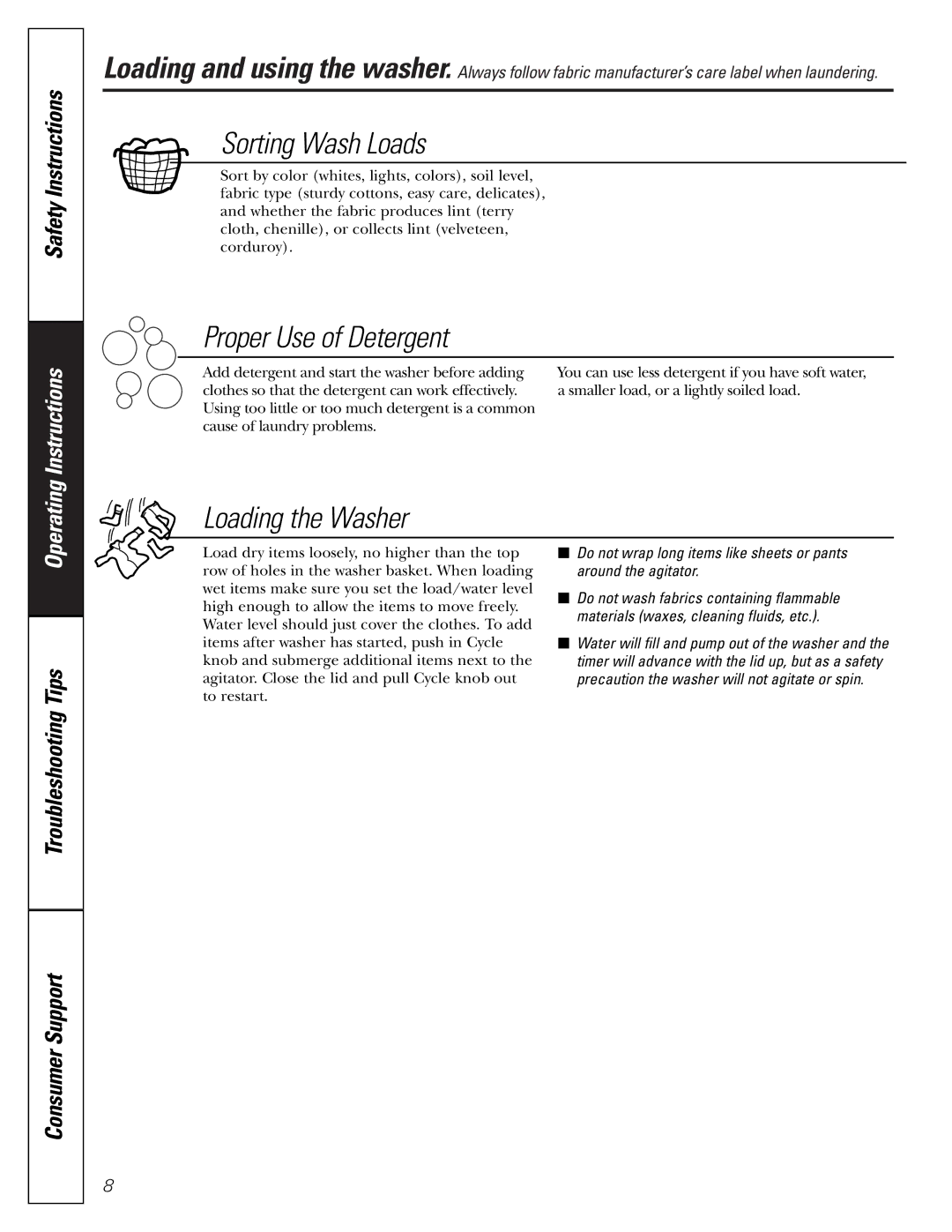 Hotpoint VLXR1020, VBXR1090, VBSR3100, VWSR4150, VVSR1070 owner manual Sorting Wash Loads 