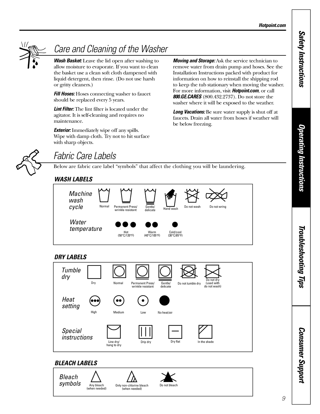 Hotpoint VVSR1070, VBXR1090, VBSR3100, VWSR4150, VLXR1020 owner manual Care and Cleaning of the Washer, Hotpoint.com 