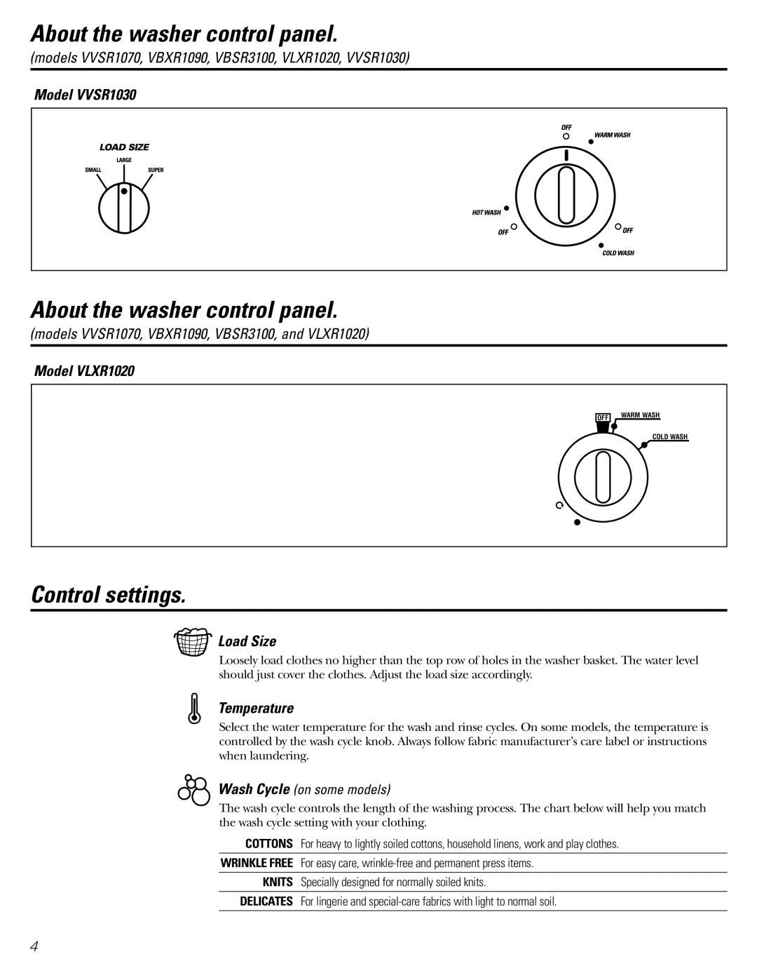 Hotpoint VBXR1090, VBSR3100, VWSR4150, VVSR1070 Control settings, Model VVSR1030, Model VLXR1020, Load Size, Temperature 