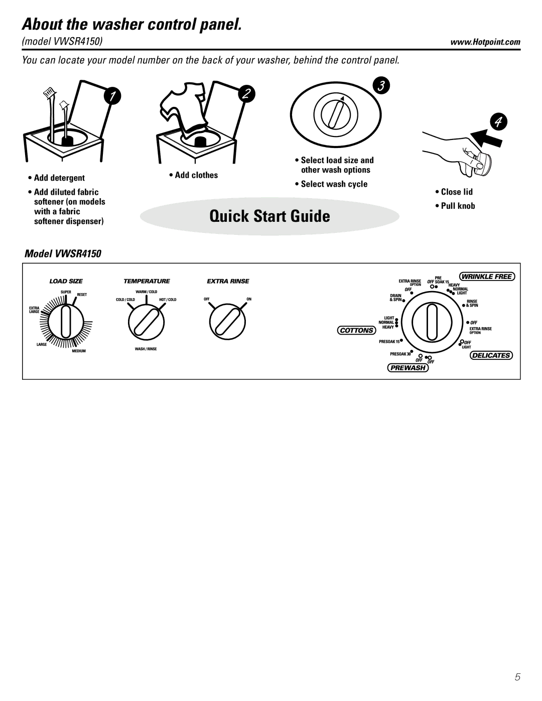 Hotpoint VVSR1070, VBXR1090, VBSR3100, VVSR1030, VLXR1020 owner manual Model VWSR4150 