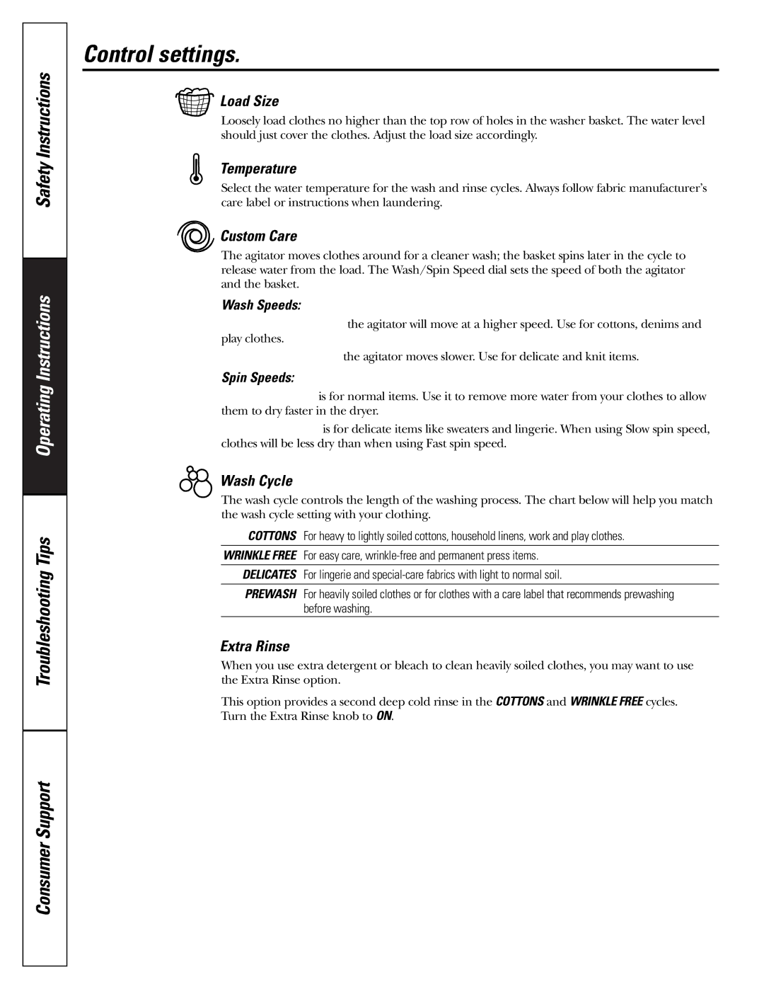 Hotpoint VBXR1090, VBSR3100, VWSR4150, VVSR1030, VLXR1020, VVSR1070 owner manual Custom Care, Wash Cycle, Extra Rinse 