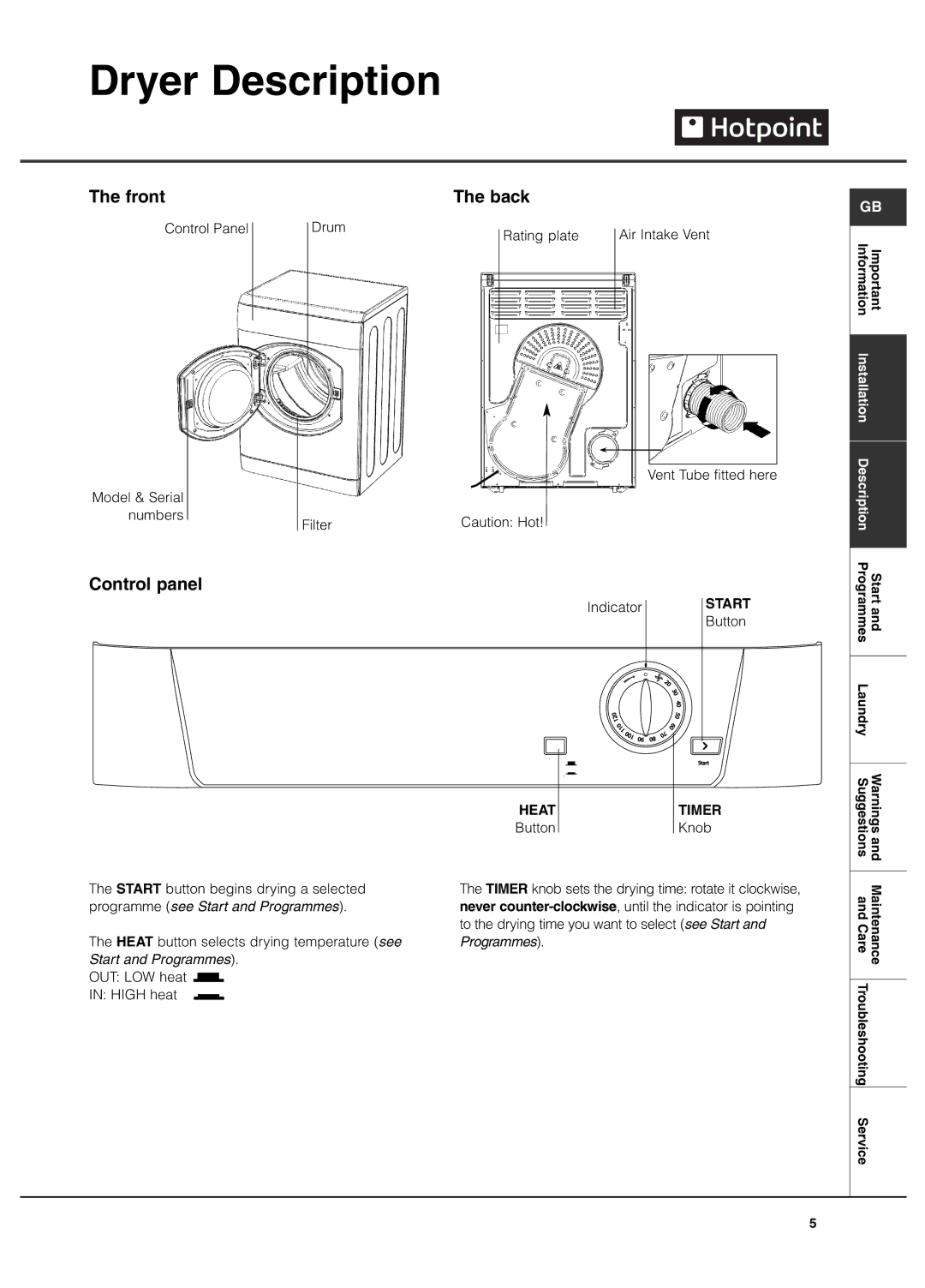 Hotpoint VTD 6000 manual Dryer Description, Front, Control panel Back, Knob 