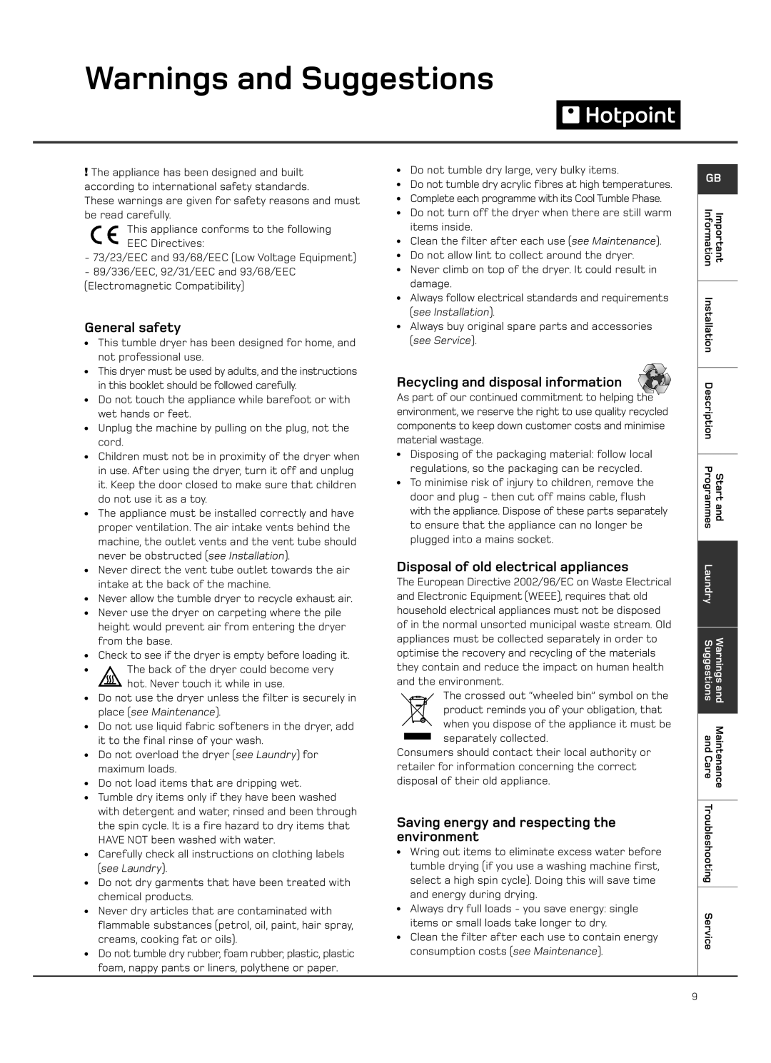 Hotpoint VTD00, VTD20 manual General safety, Recycling and disposal information, Disposal of old electrical appliances 