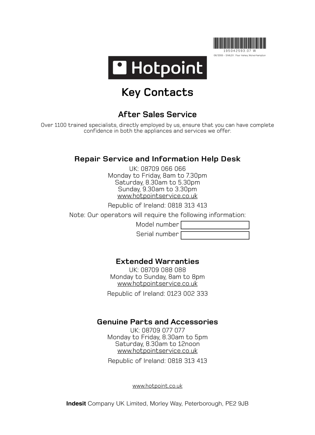 Hotpoint VTD20, VTD00 manual Key Contacts 