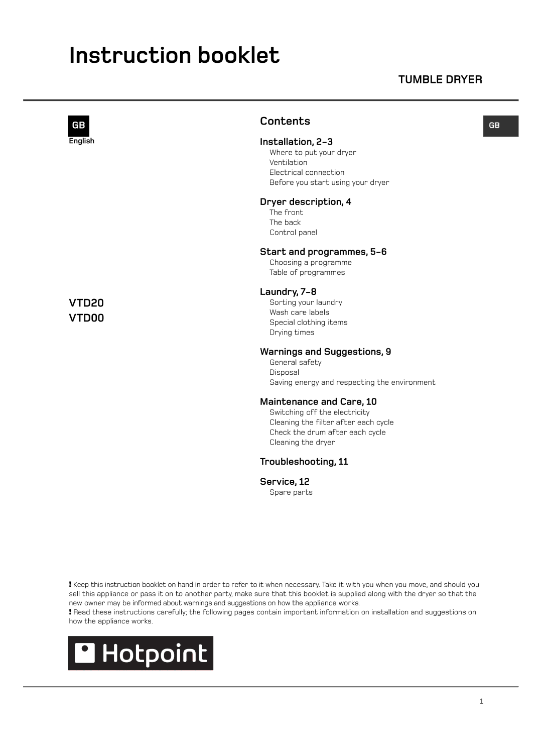 Hotpoint VTD00, VTD20 manual Instruction booklet, Tumble Dryer 