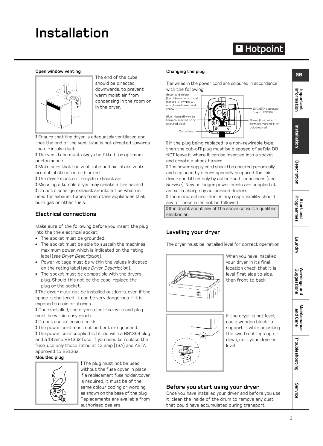 Hotpoint VTD00, VTD20 manual Electrical connections, Levelling your dryer, Before you start using your dryer 