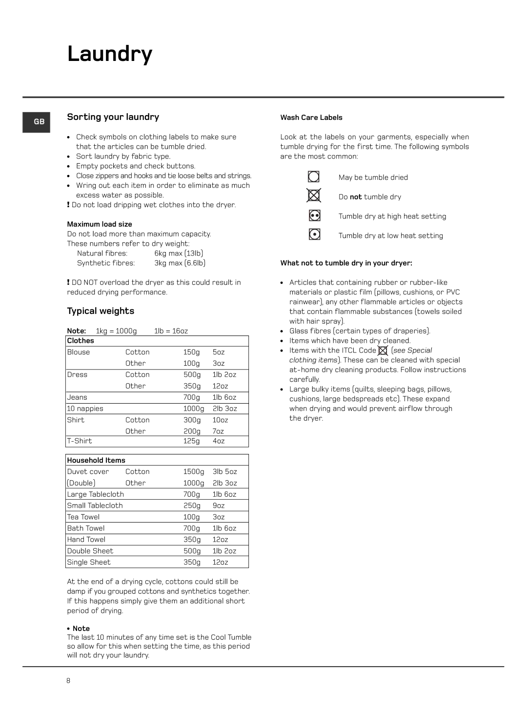 Hotpoint VTD60, VTD65 manual Laundry, Sorting your laundry, Typical weights 