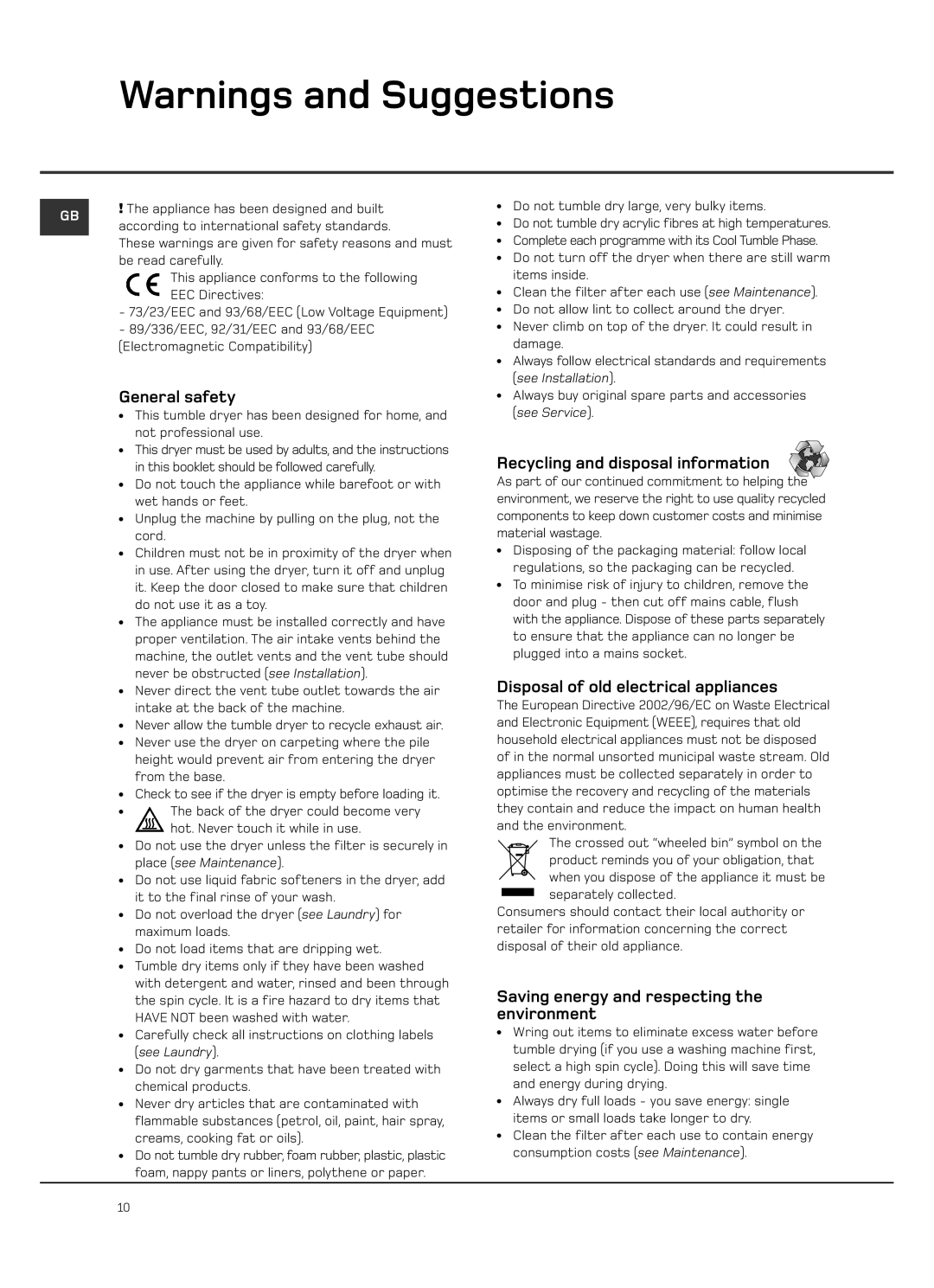 Hotpoint VTD60, VTD65 manual General safety, Recycling and disposal information, Disposal of old electrical appliances 