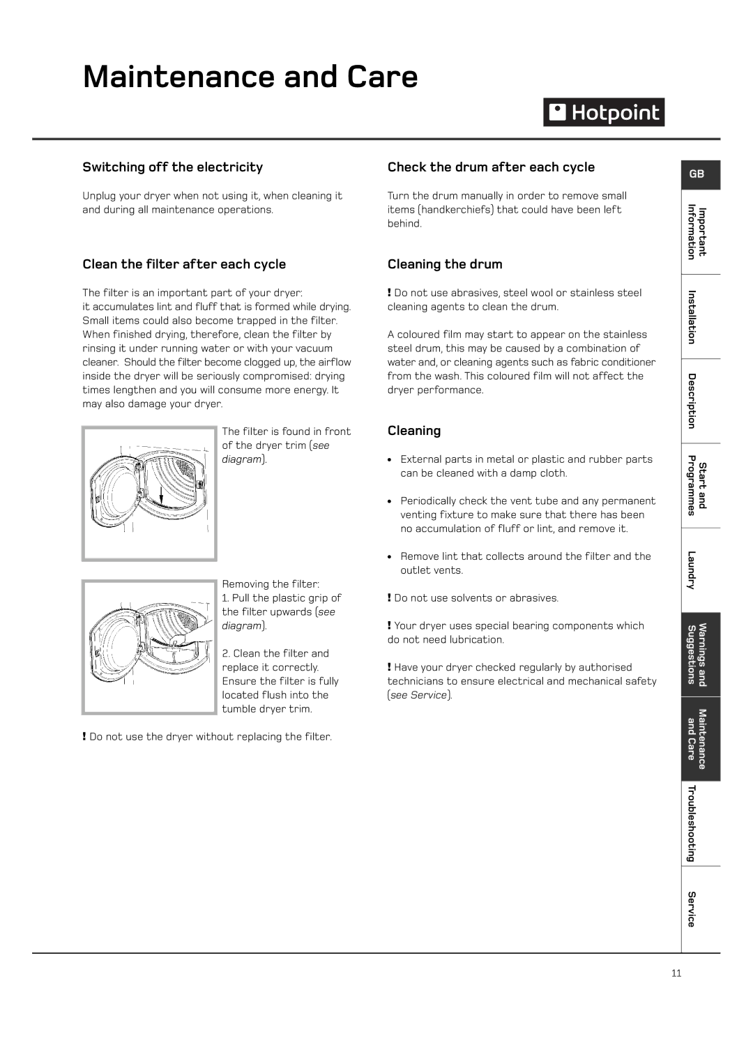 Hotpoint VTD65, VTD60 manual Maintenance and Care 