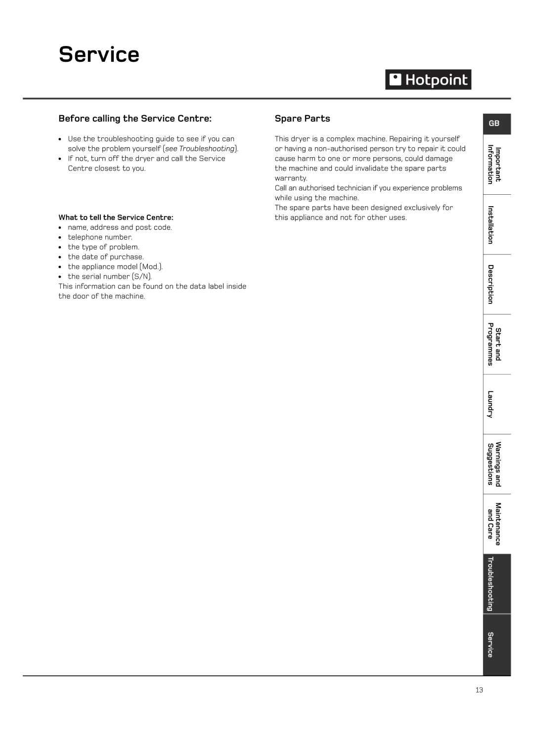 Hotpoint VTD65, VTD60 manual Before calling the Service Centre, Spare Parts, What to tell the Service Centre 