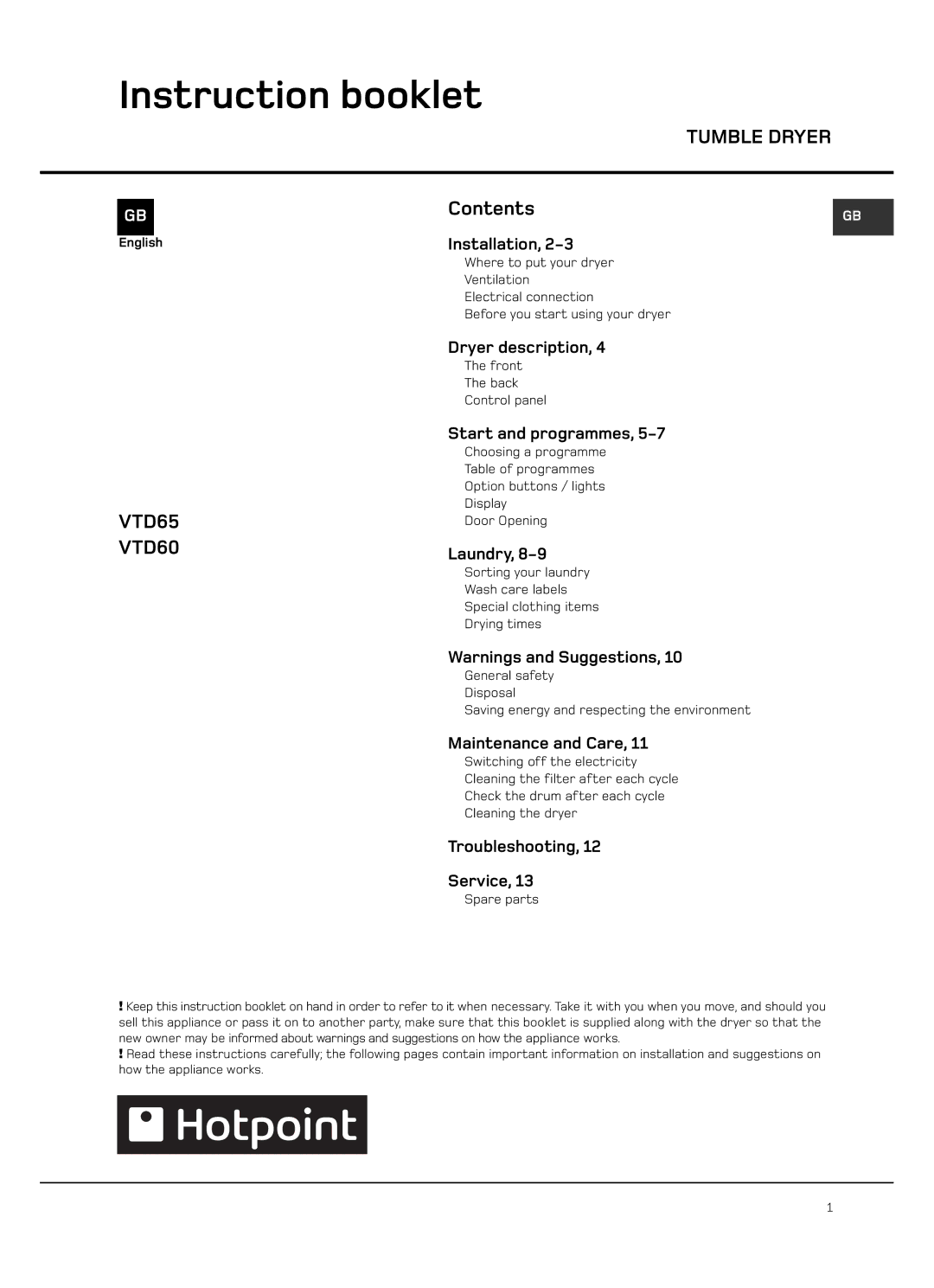 Hotpoint VTD65, VTD60 manual Instruction booklet, Tumble Dryer 