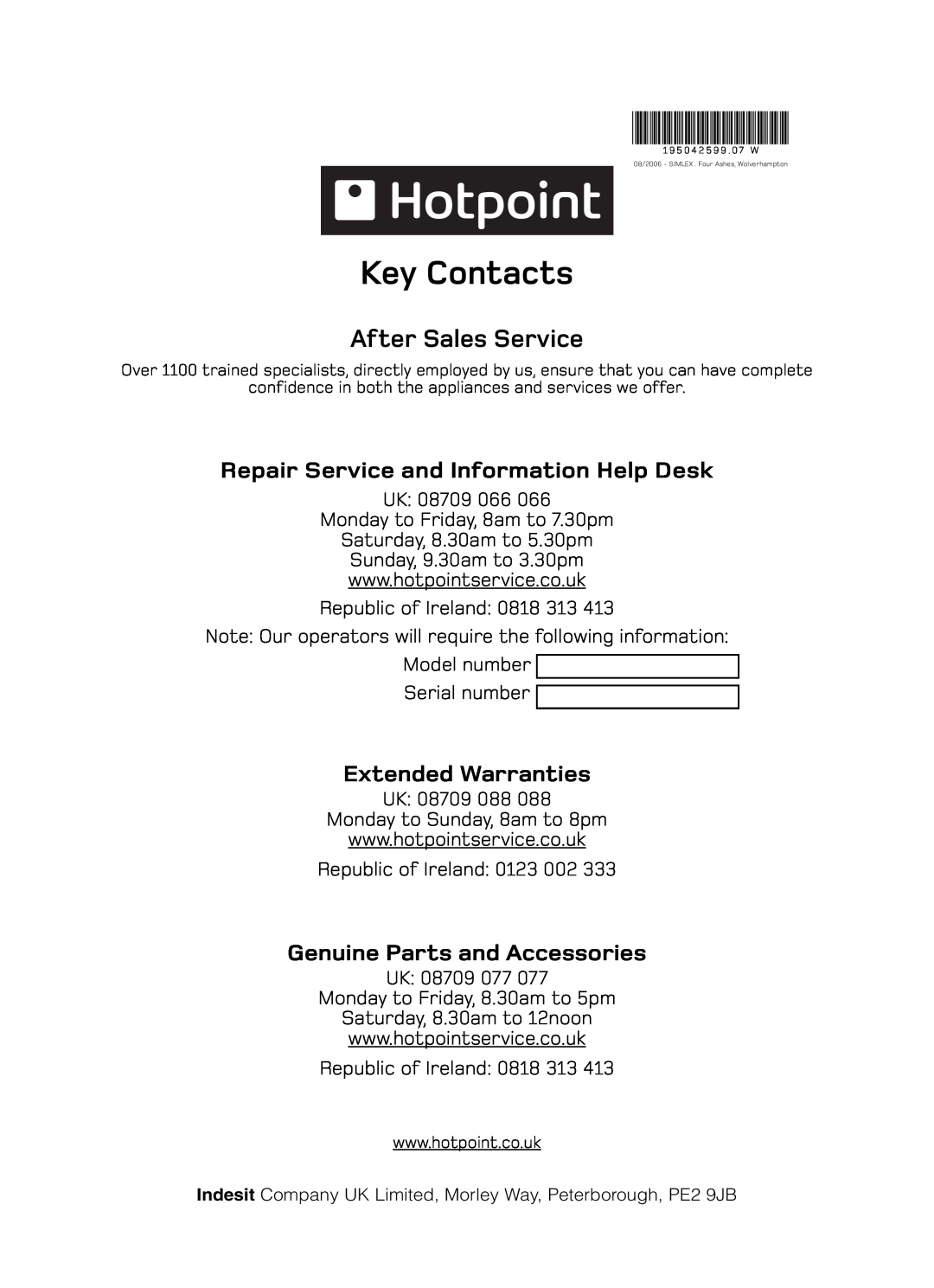 Hotpoint VTD60, VTD65 After Sales Service, Key Contacts, Repair Service and Information Help Desk, Extended Warranties 
