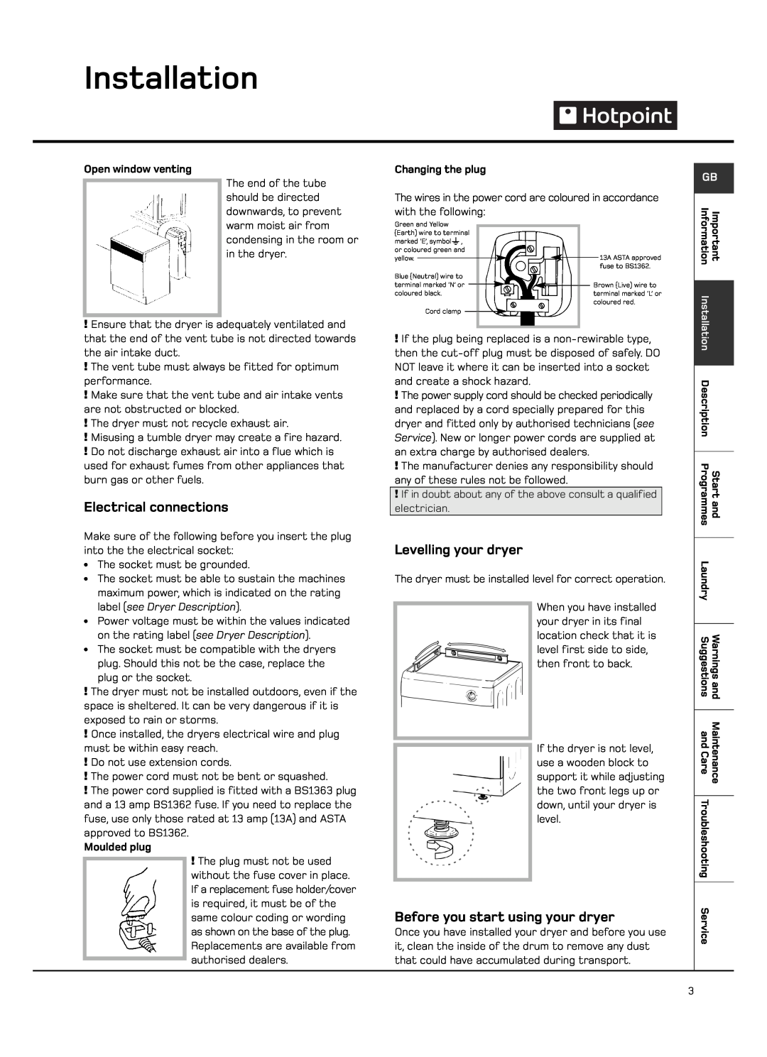 Hotpoint VTD65 Installation, Electrical connections, Levelling your dryer, Before you start using your dryer, Moulded plug 