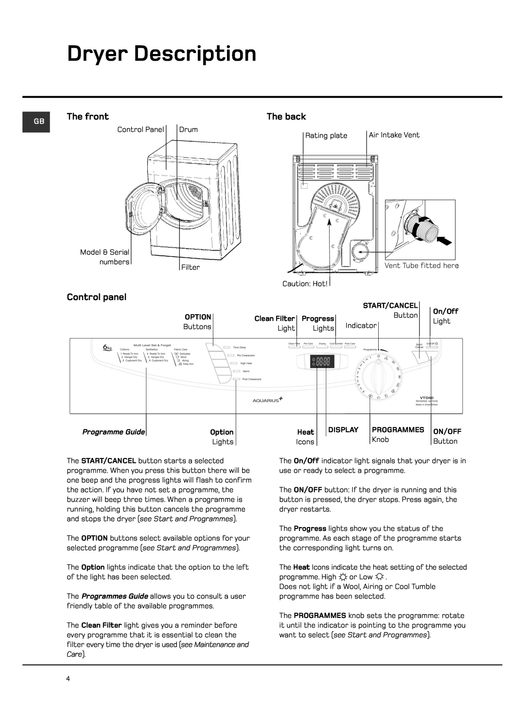 Hotpoint VTD60, VTD65 manual Dryer Description, The front, The back, Control panel, Programme Guide 