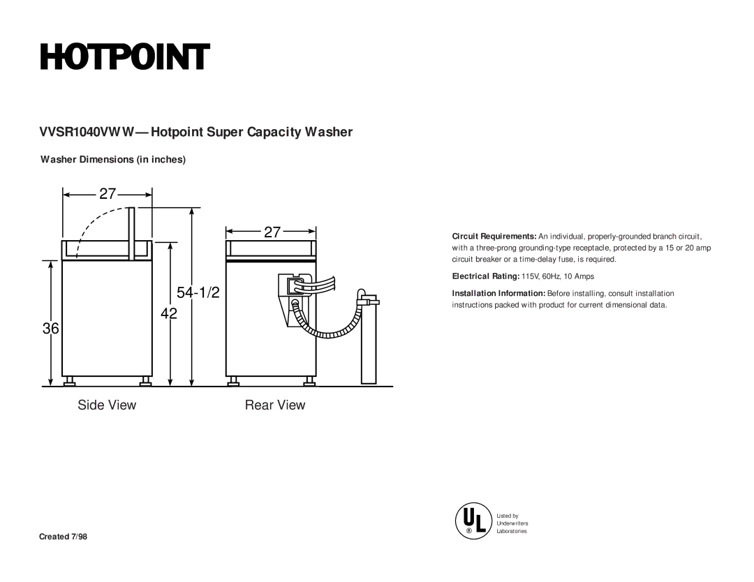 Hotpoint dimensions VVSR1040VWW-Hotpoint Super Capacity Washer, 54-1/2, RearVi ew, Created 7/98 