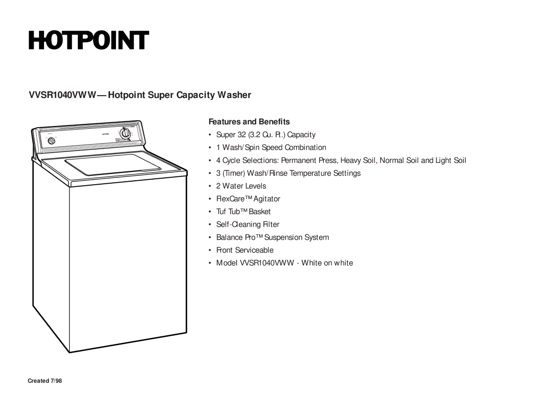 Hotpoint VVSR1040VWW dimensions Features and Benefits 